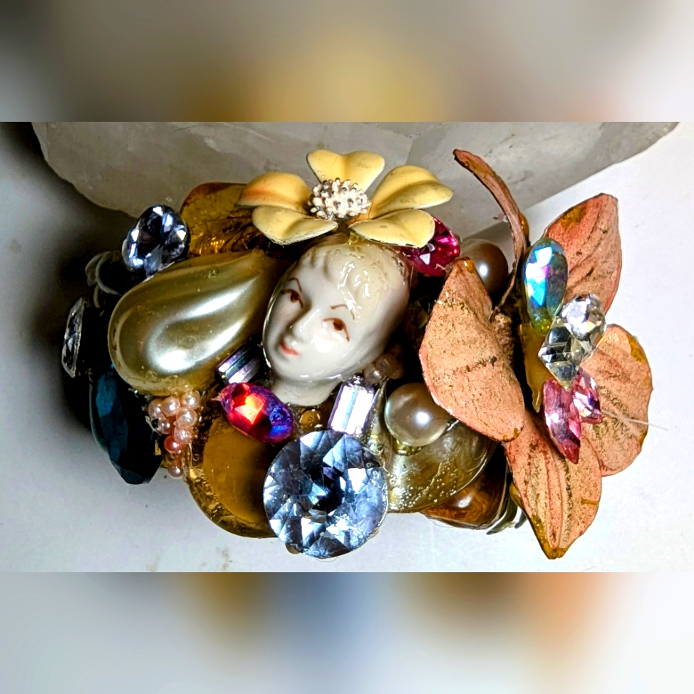 Wendy Gell Wristy, Porcelain Ladies Face Vintage Flower Pearls And Jewels.